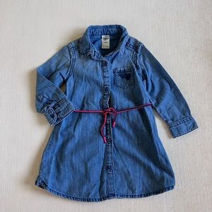 Oshkosh denim baby girl shirt dress with colorful tie closure at front. 18 month